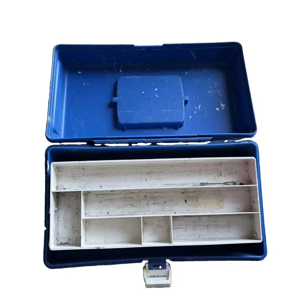 Vintage Art Bin Paint Supplies Storage Box #8199 Blue Fold Out Tray compartments